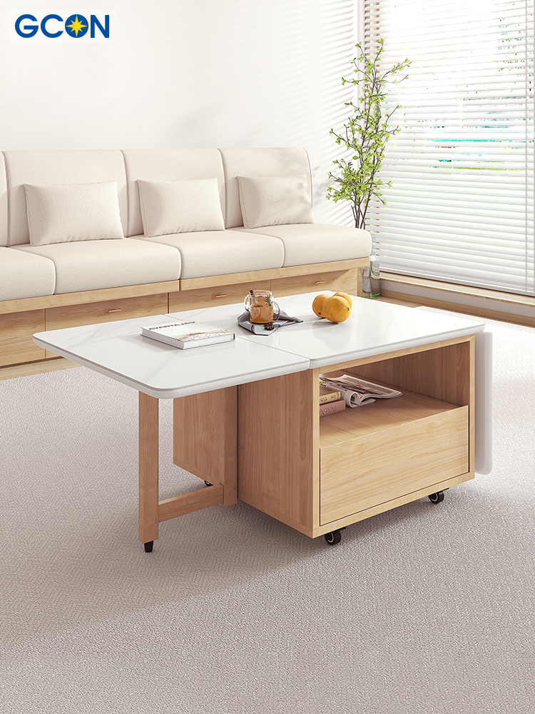 日式風格實木摺疊餐桌兩用茶几橡木材質可儲物帶滾輪14x06x049m經濟型組裝提供安裝說明書
