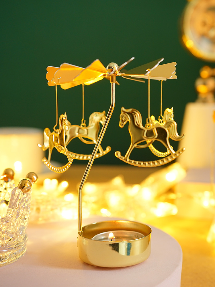 旋轉木馬燭臺浪漫氛圍聖誕節裝飾香薰小圓蠟燭託臺座擺件 (7.5折)