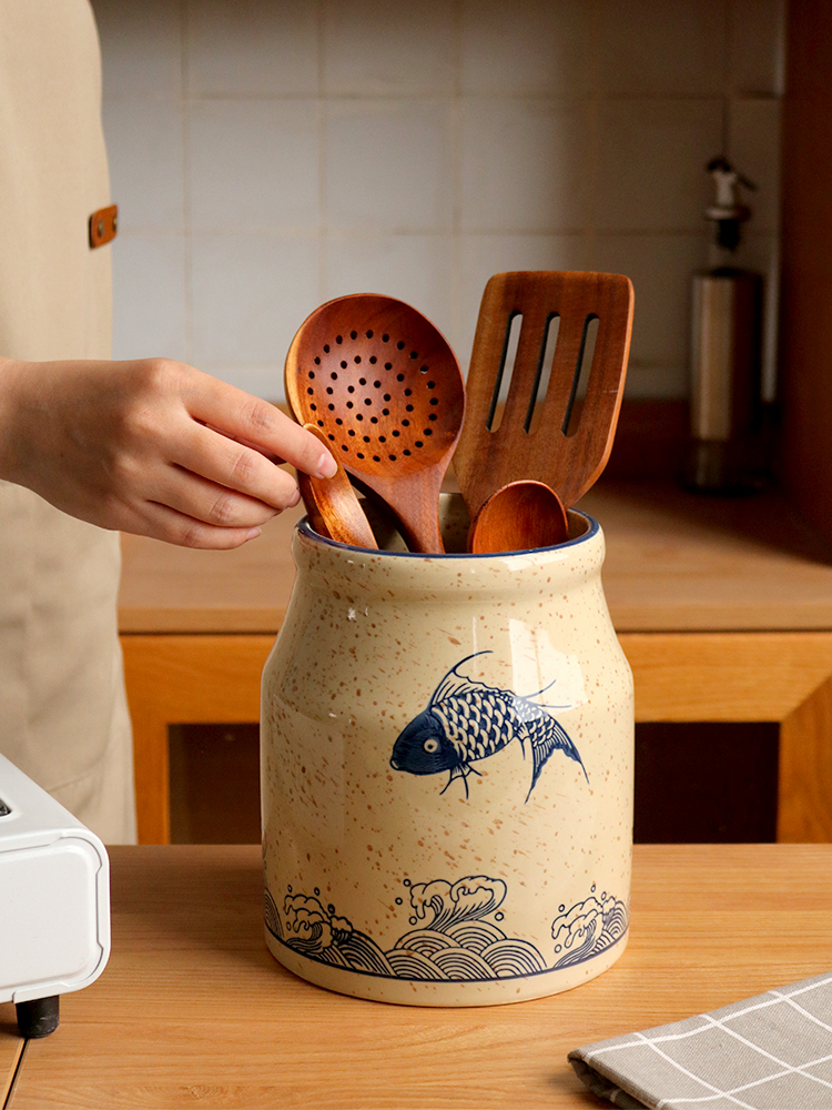福魚造型日式筷子筒與鍋鏟收納架釉面陶瓷材質復古風格廚房餐具瀝水置物架