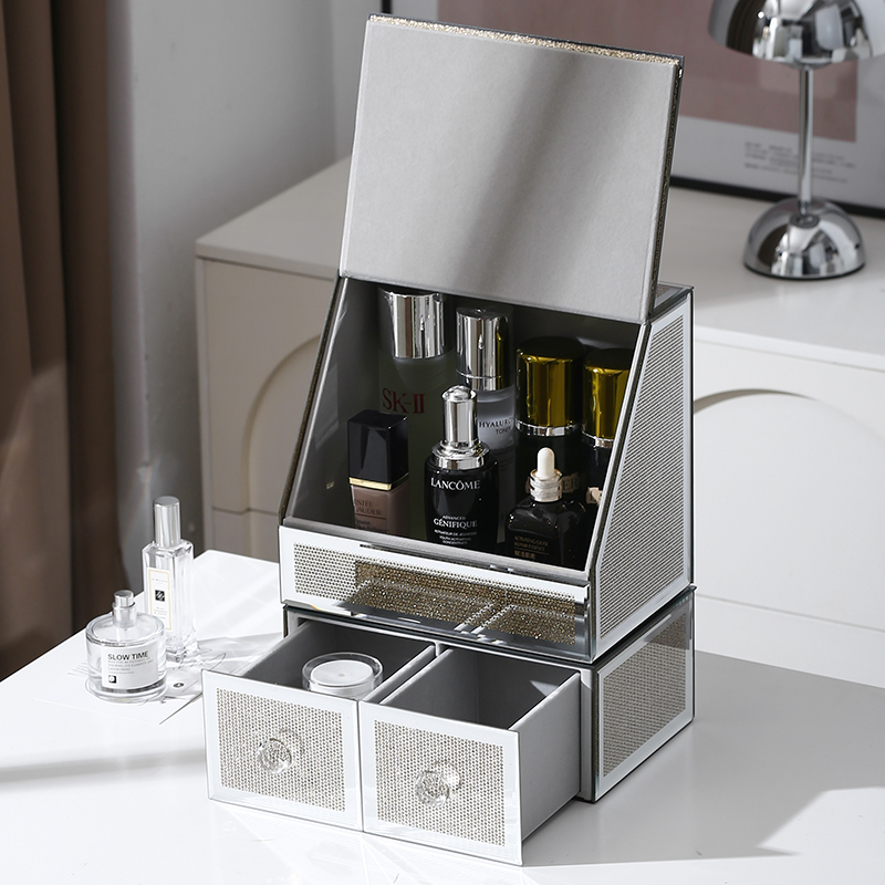 金色玻璃化妝品收納盒防塵桌麪可曡加大容量置物架梳妝台避光整理