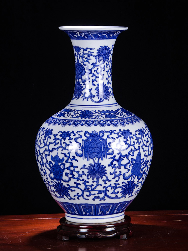 景德鎮陶瓷花瓶 仿古青花瓷家居擺件 中式客廳裝飾品木底座