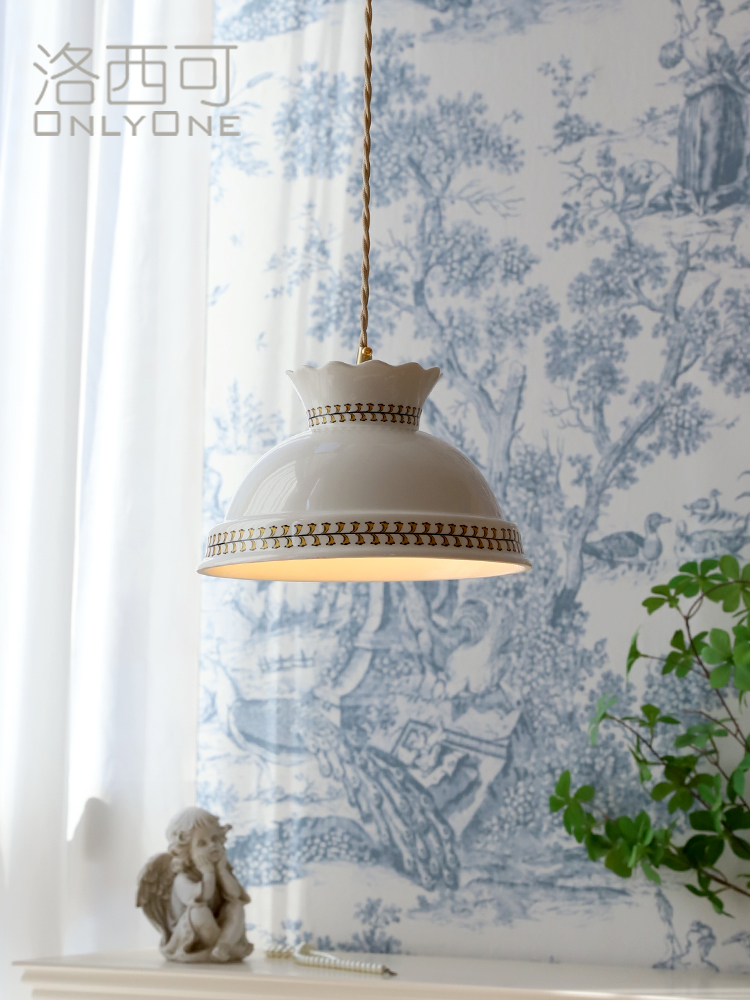 洛西可 陶瓷花邊單頭小吊燈 法式復古 美式 北歐 日式 臥室 床頭 黃銅燈 111v240v 13