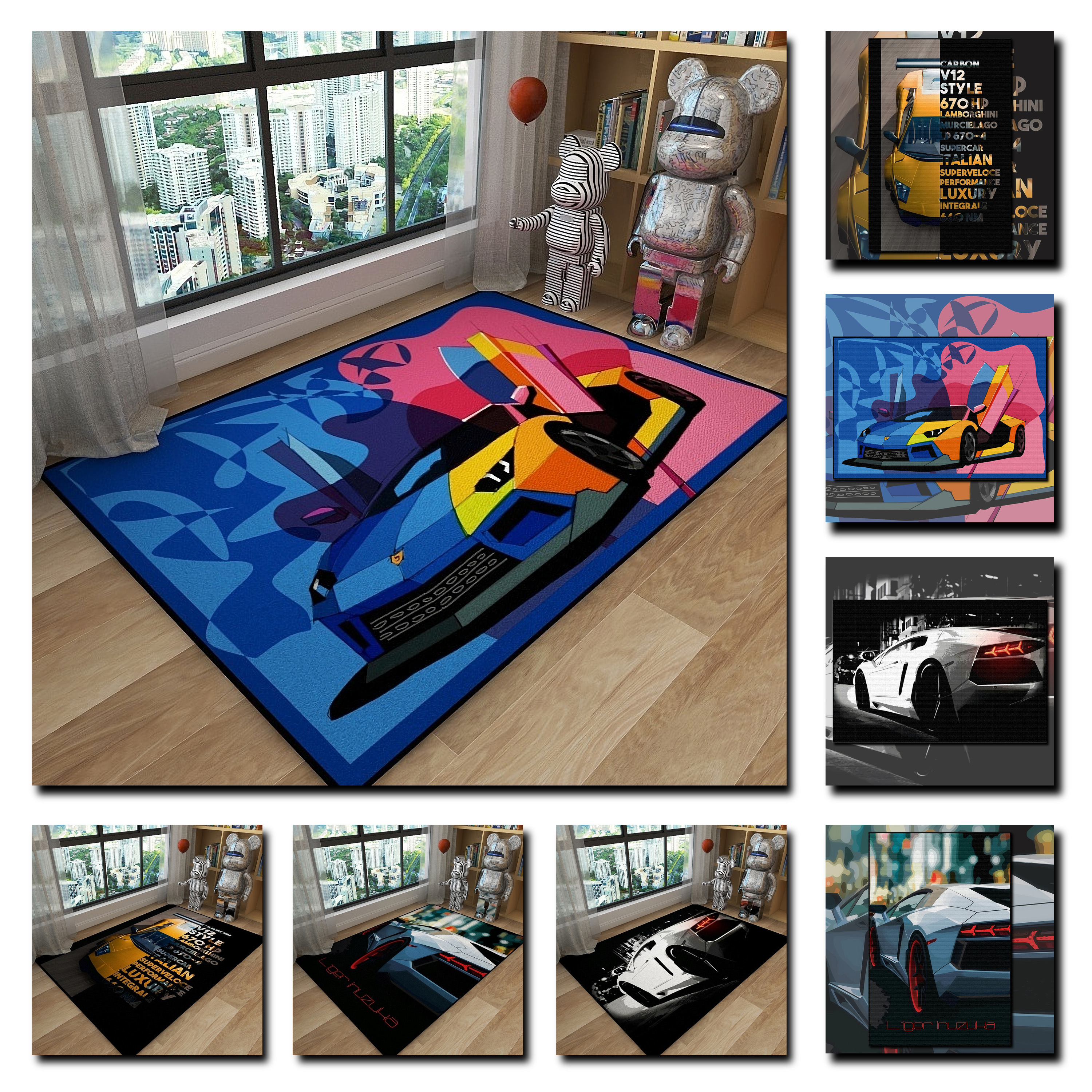 蘭博基尼大牛汽車改裝車主題地毯歐式風格臥室電競遊戲房床邊地墊