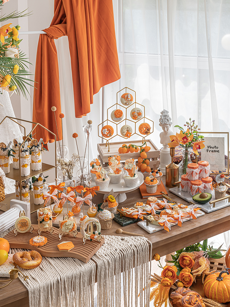 森系婚禮佈置假甜品臺 仿真奶油蛋糕模型 橙色系拍照道具