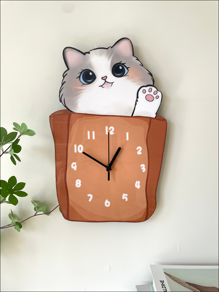 創意貓咪裝飾掛鐘可愛風木質靜音時鐘客廳寵物店兒童房適用