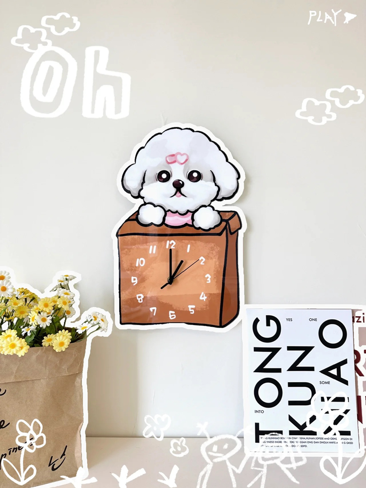 簡約現代木質掛鐘卡通創意箱子裝飾泰迪狗狗造型客廳牆面裝飾 (6.6折)