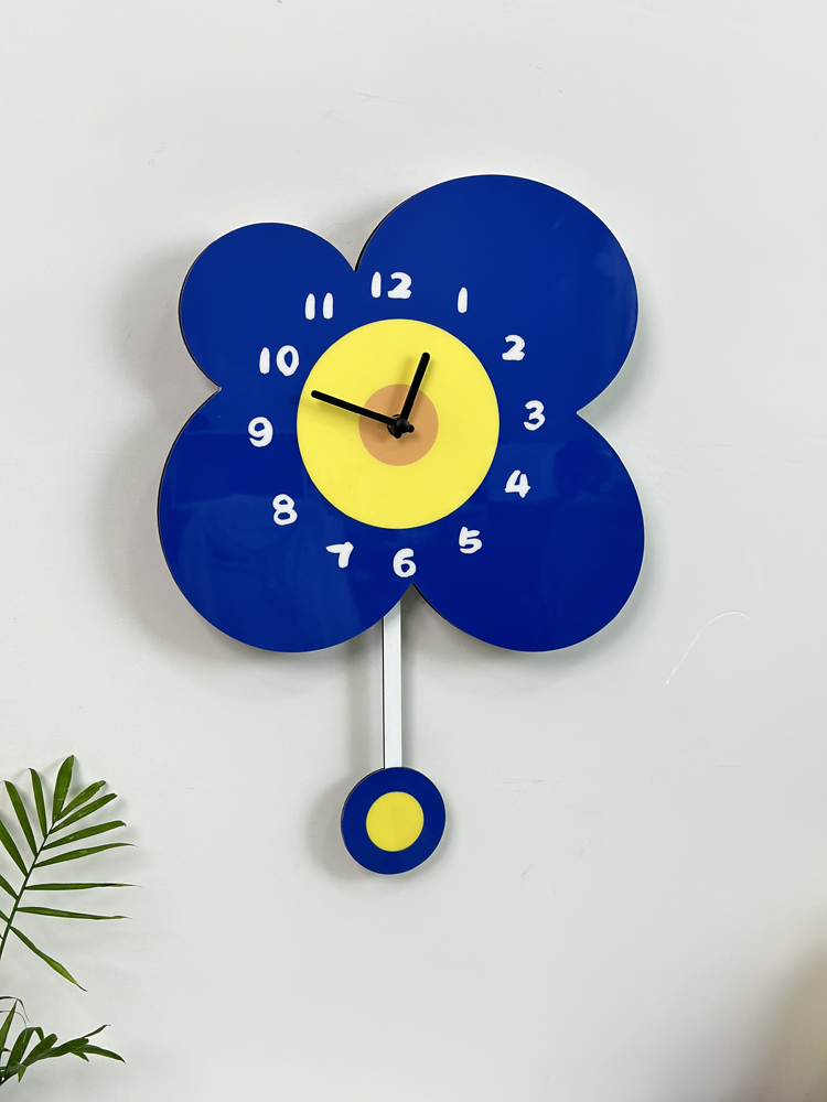 時尚掛鐘 搖擺藍色花朵 點綴客廳臥室 靜音時鐘 裝飾創意
