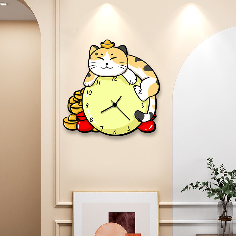 簡約現代木質貓咪掛鐘 客廳兒童房裝飾時鐘