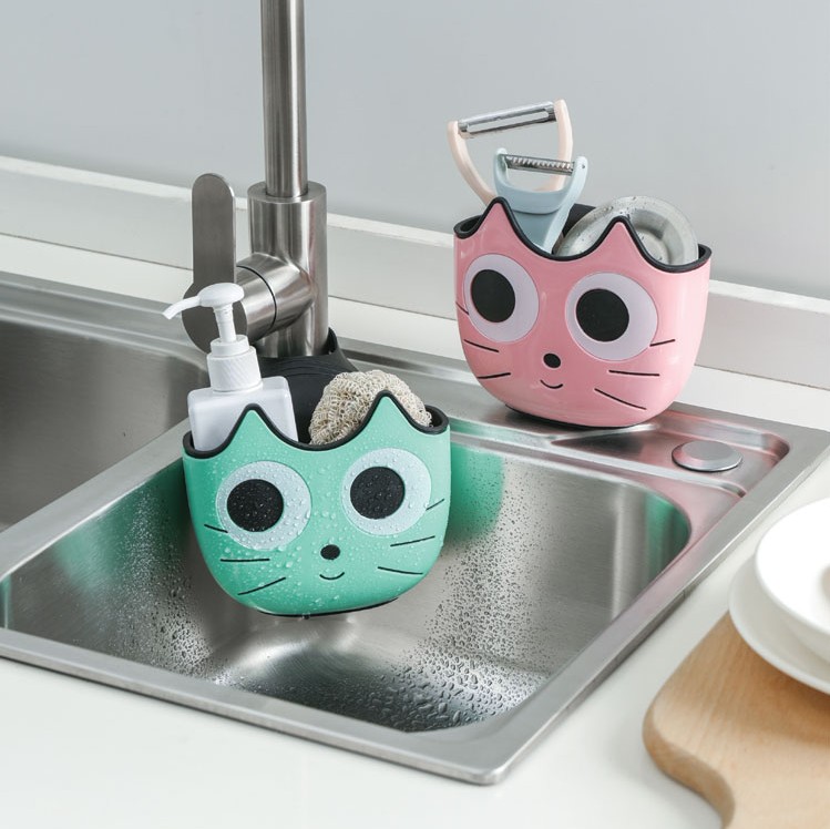 卡通貓咪造型可調節廚房水槽瀝水掛袋洗碗佈抹佈收納籃濾水防潮