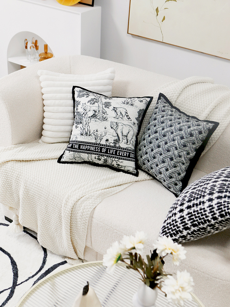 北歐風格黑色棋盤格靠枕編織藝術美式沙發靠墊高級感抱枕靠墊