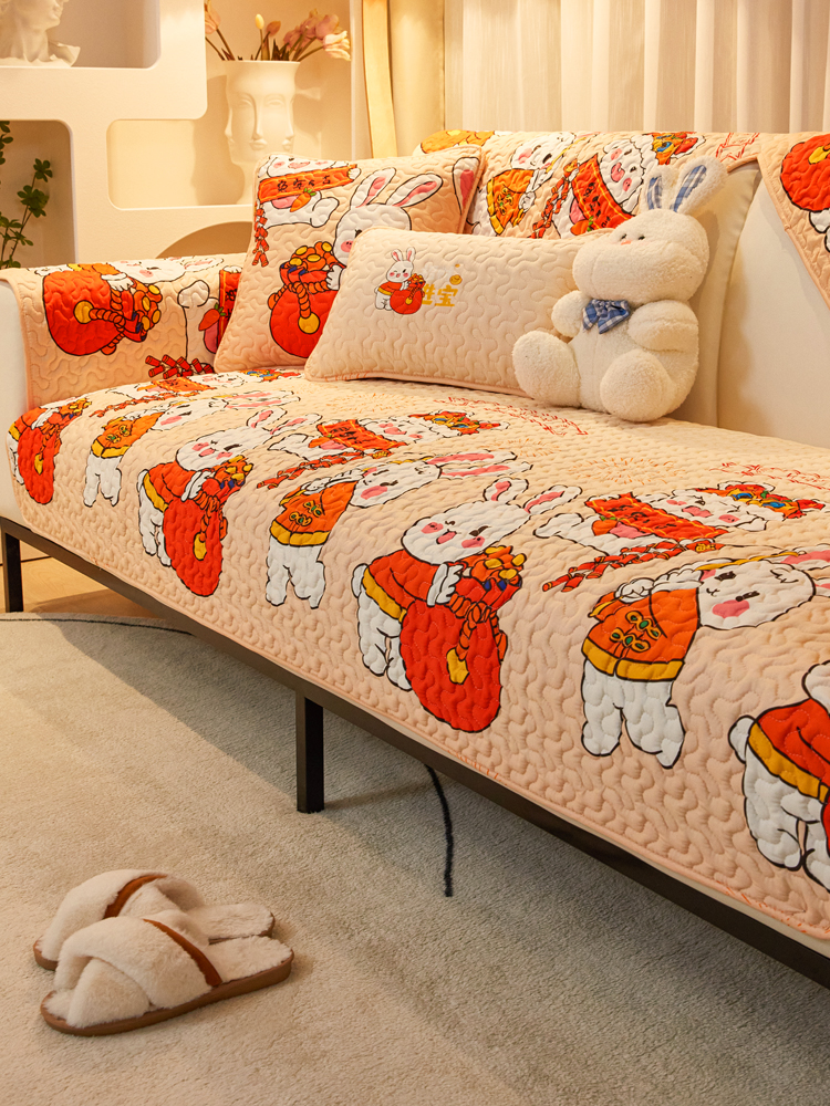 兔年喜慶沙發墊四季通用客廳坐墊子創意簡約防滑沙發布巾
