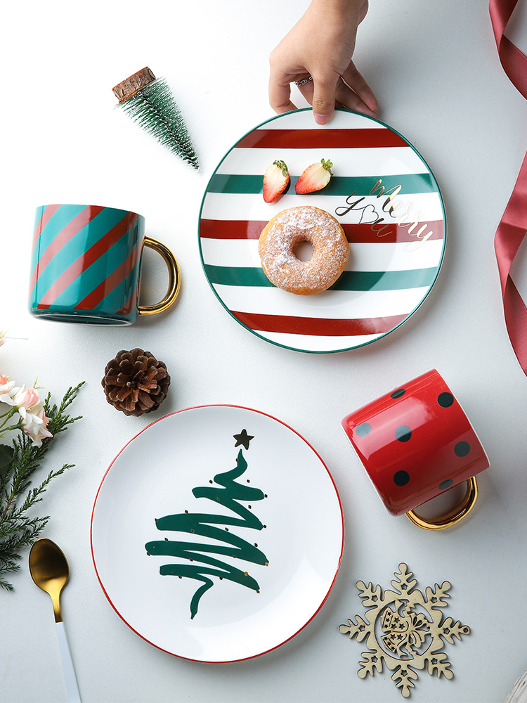 北歐風格聖誕節陶瓷盤具金色鑲邊餐桌擺盤禮品陶瓷餐具