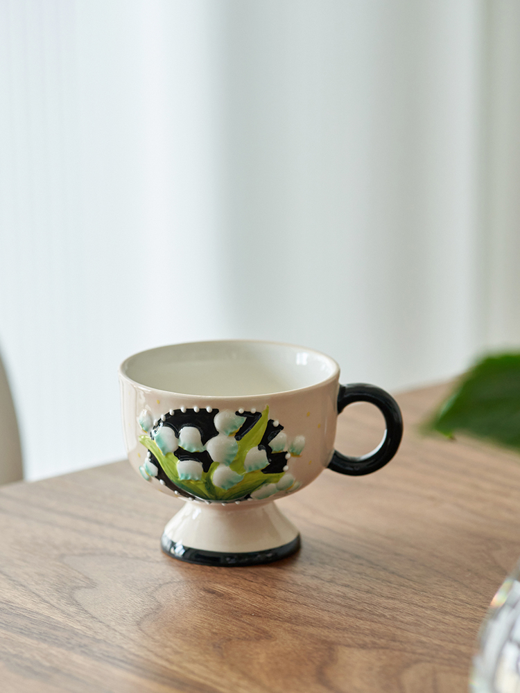 日式復古咖啡杯 鈴蘭花馬克杯 陶瓷下午茶杯 精緻高級感