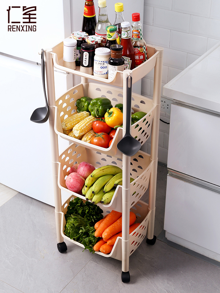 簡約中式風格多功能置物架 收納玩具蔬菜水果塑料廚房角架