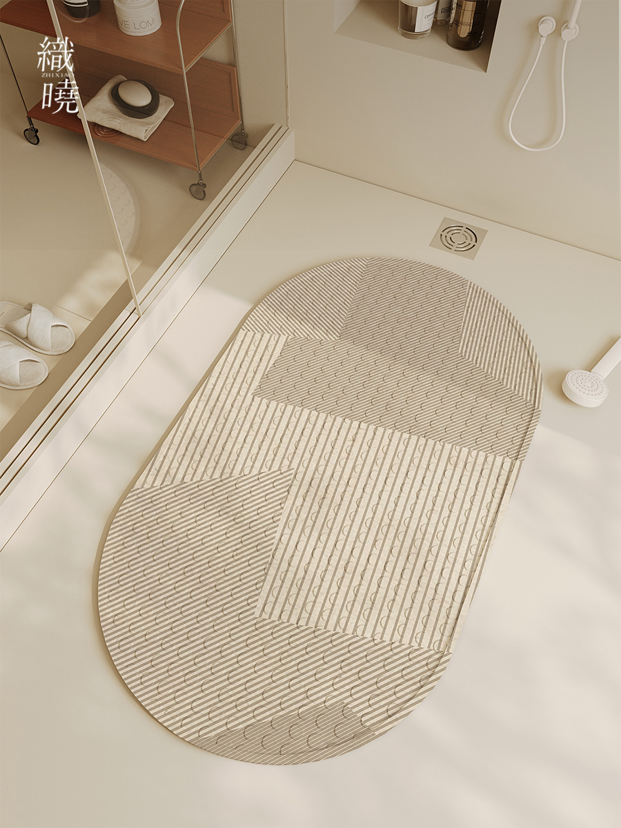 橢圓形浴室防滑墊新中式風格吸盤設計乾洗可手洗家用衛浴地墊