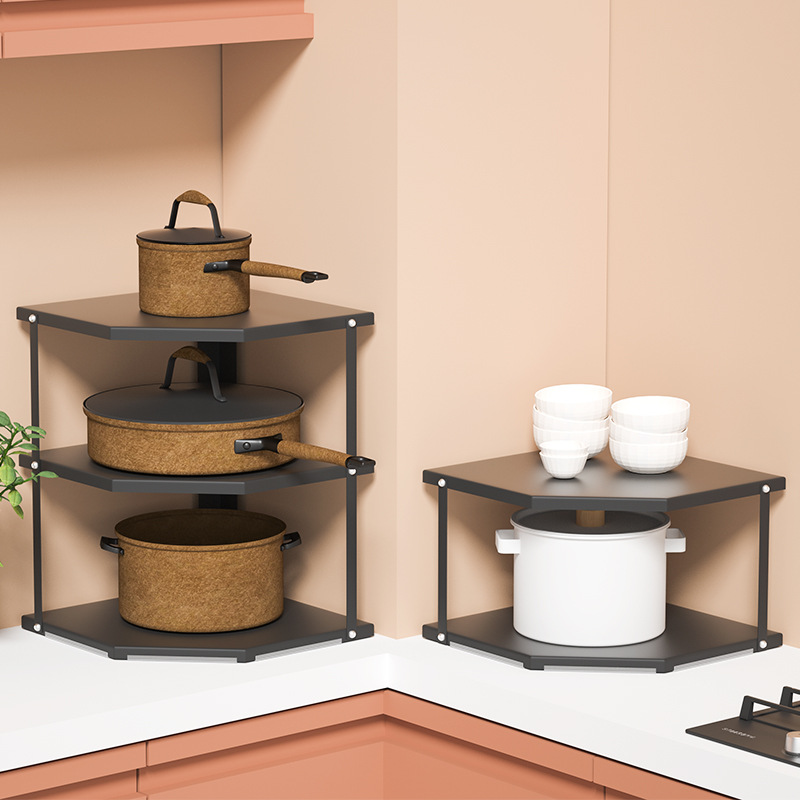 廚房檯面轉角多層鍋具置物架 輕巧不鏽鋼北歐風免打孔收納架