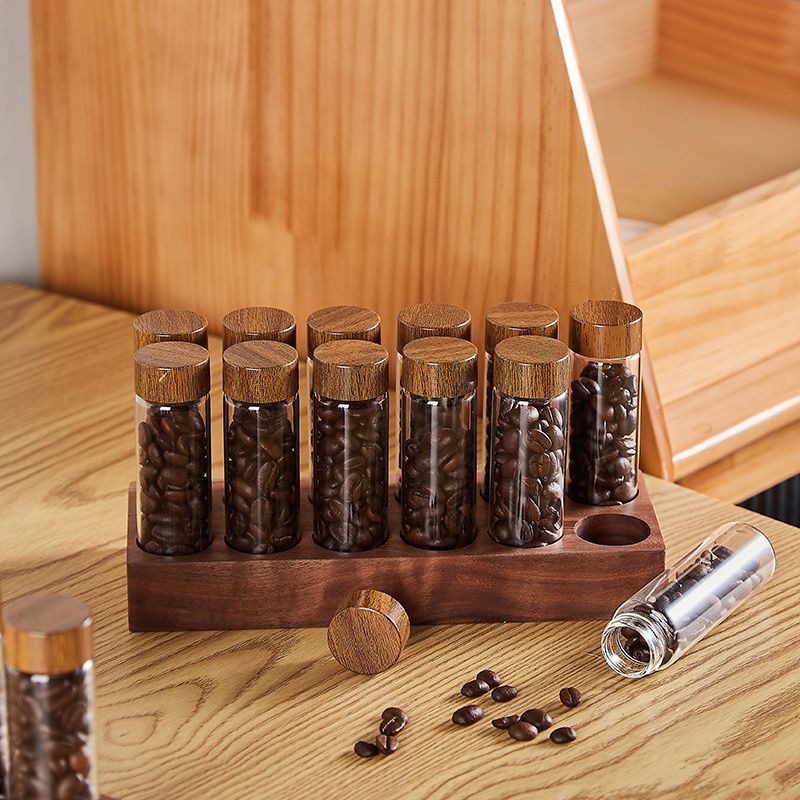 咖啡廳桌面擺件咖啡豆分裝玻璃瓶展示架收納密封罐胡桃木底座6孔或12孔可選 (3.9折)