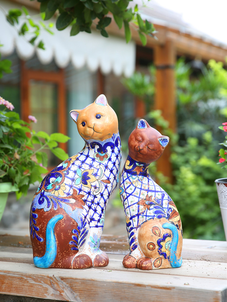 墨西哥花色陶瓷貓咪對偶裝飾品 擺放門廳 客廳 庭院