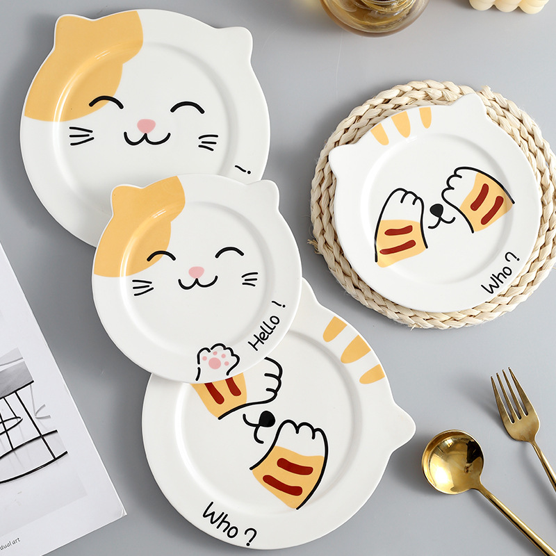 可愛卡通貓咪陶瓷盤子日式風格平盤兒童餐具家用餐具盤多種尺寸和圖案可選