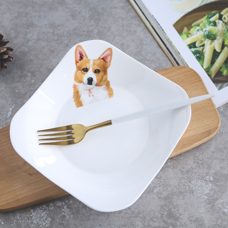簡約日式餐具創意柯基系列陶瓷盤子 早餐盤 家用碟子 四方水果點心盤