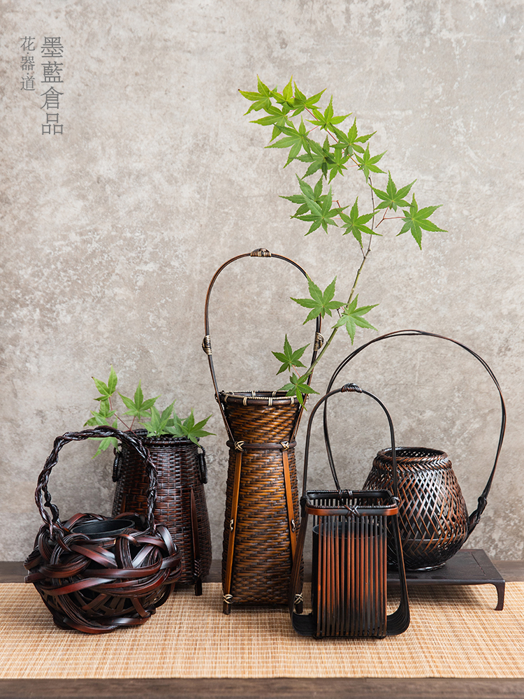 禪意中式新古典風格竹編花籃擺件漁翁提籃花瓶花器插花器皿 (6折)