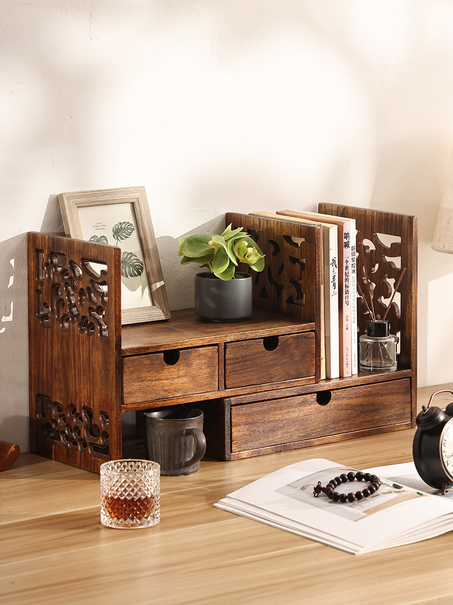 複古實木架子中式桌麪置物架書桌桌上書架飄窗收納櫃簡易小書櫃