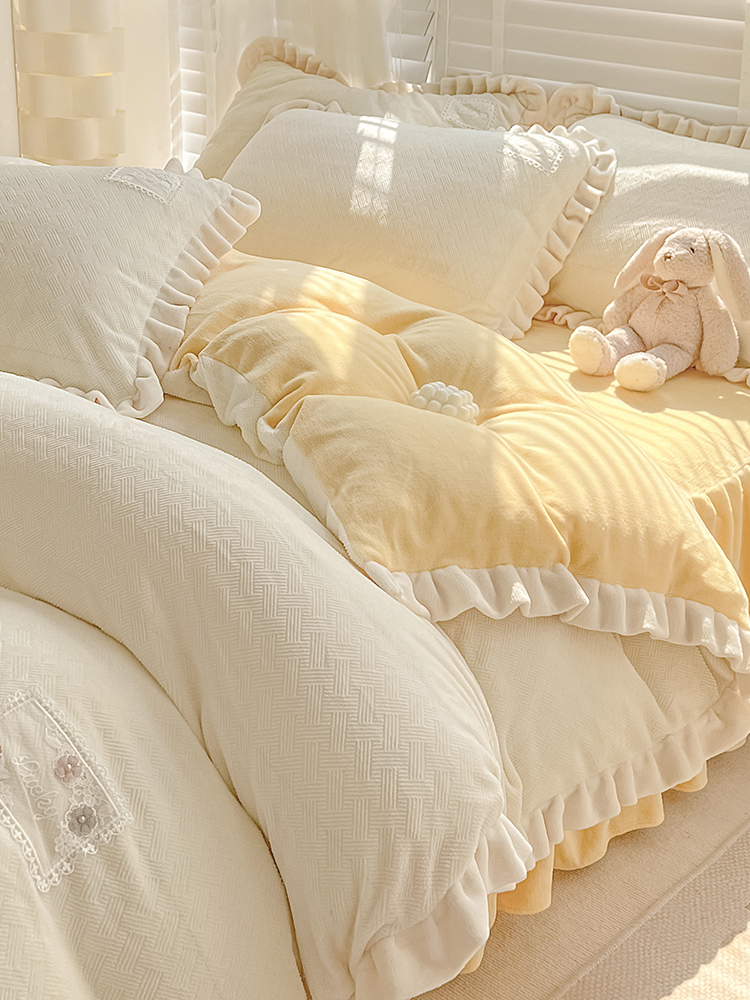 ins公主風牛奶絨床上四件套 親膚舒適保暖 冬季珊瑚絨被套雙面法蘭加絨床單 4件套15m床裙款適合200230被子