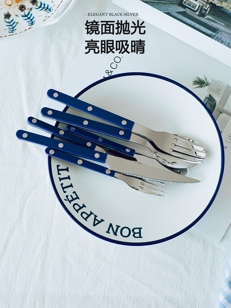 風格優雅壓克力手柄刀叉餐具套裝304不鏽鋼藍色餐具牛排刀叉餐廳