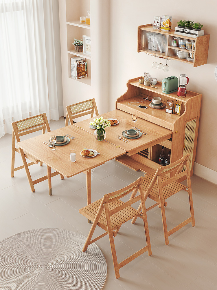 北歐餐桌折曡收納帶餐邊櫃一躰多功能實木隱形伸縮小戶型家用飯桌