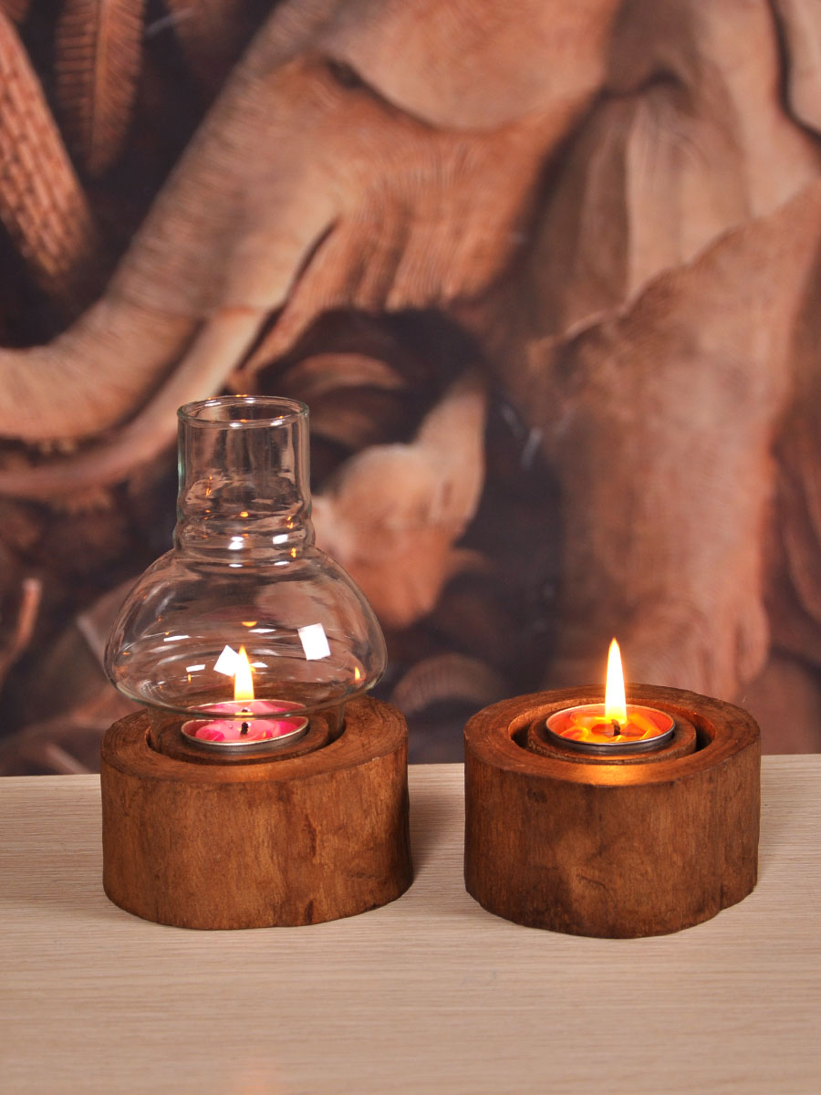 泰式簡約木質燭臺浪漫西餐裝飾復古玻璃罩蠟燭燭光晚餐道具