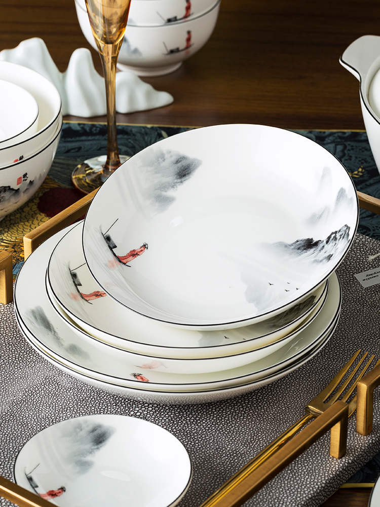 景德鎮骨瓷新中式餐具 深盤 菜盤 家用陶瓷 8英寸 餐盤 4個裝 碗盤套裝 釉中彩