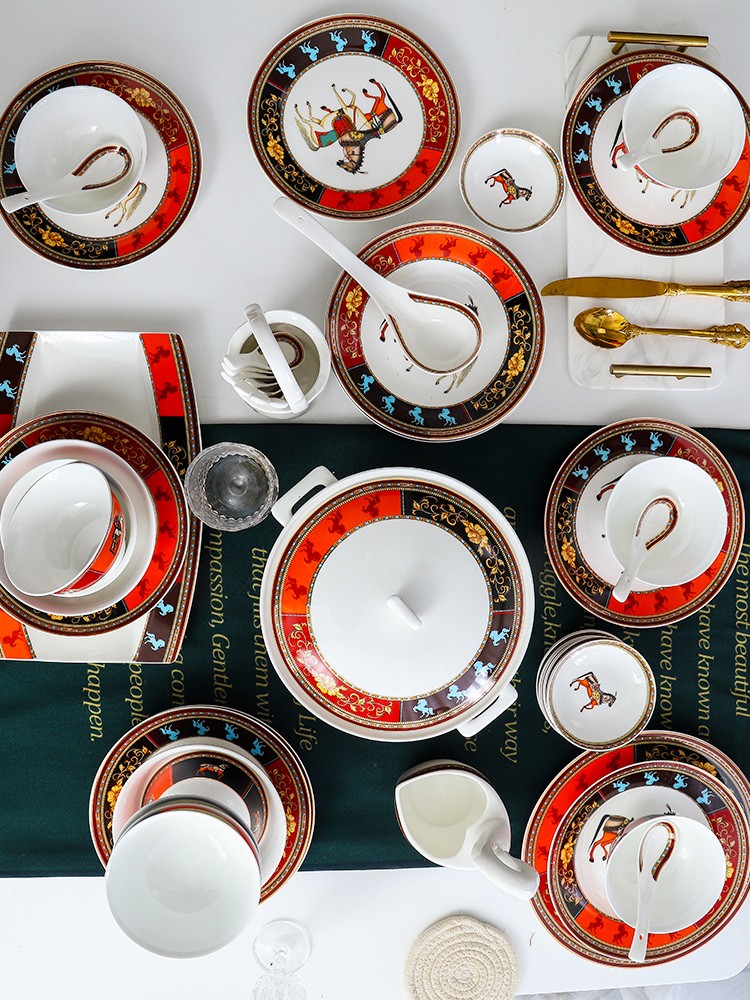 歐式陶瓷餐具套裝碗碟 釉上彩復古陶瓷盤子碗家用酒店擺臺餐具