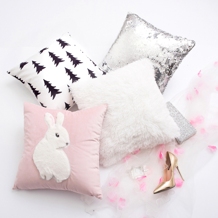 粉色網紅風毛絨靠墊 北歐兔靠枕套毛絨沙發枕頭 簡約現代卡通抱枕
