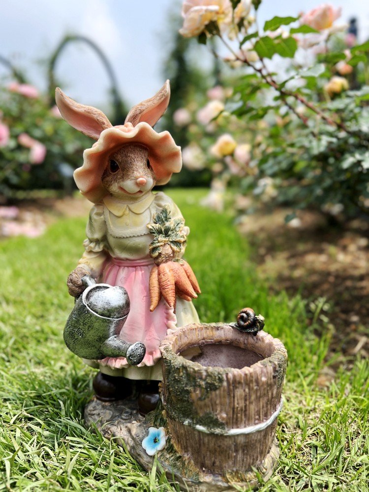 美式風格彩繪兔子造型樹脂花盆工藝品適合陽臺庭院花卉擺件