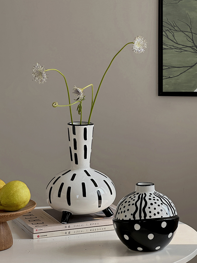 矮腳黑線條陶瓷花瓶 簡約現代風格 高腳黑白桌面插花大肚花瓶