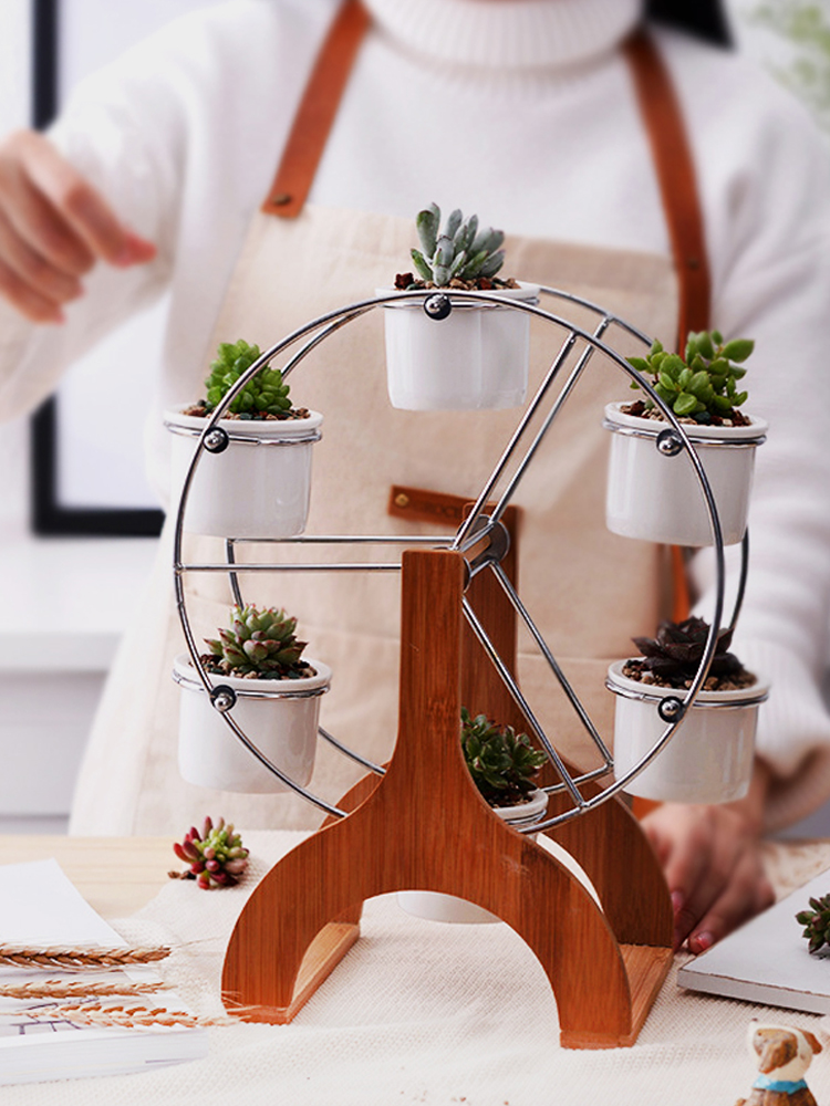 簡約現代陶瓷花盆套裝創意摩天輪旋轉花架室內多肉植物花器
