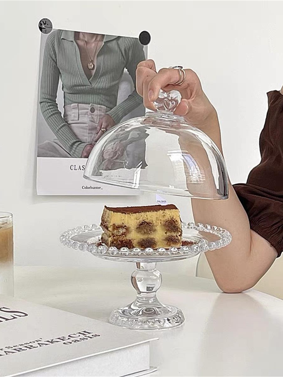 復古珍珠邊玻璃高腳盤 水果盤 蛋糕盤 甜點盤 展示罩 餐盤 (5.2折)