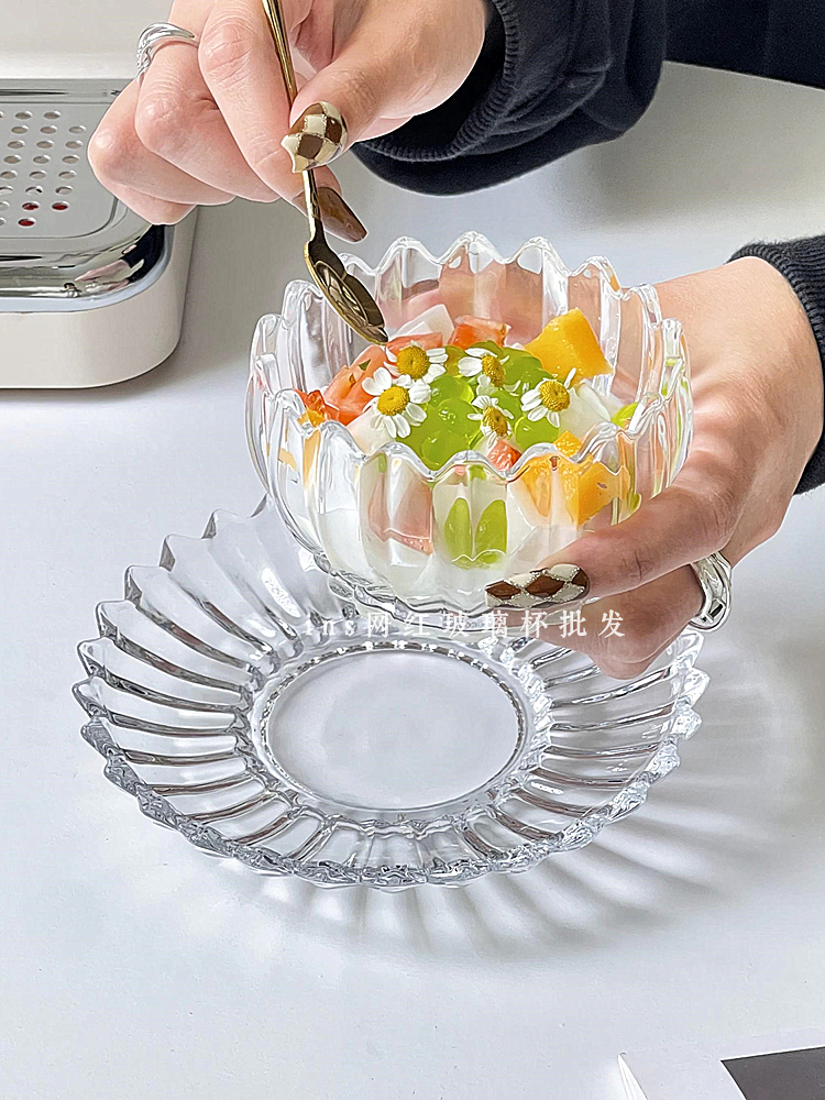 水晶玻璃水果沙拉盤 優雅蓮花碗 透明酸奶燕窩碗 精緻點心盤