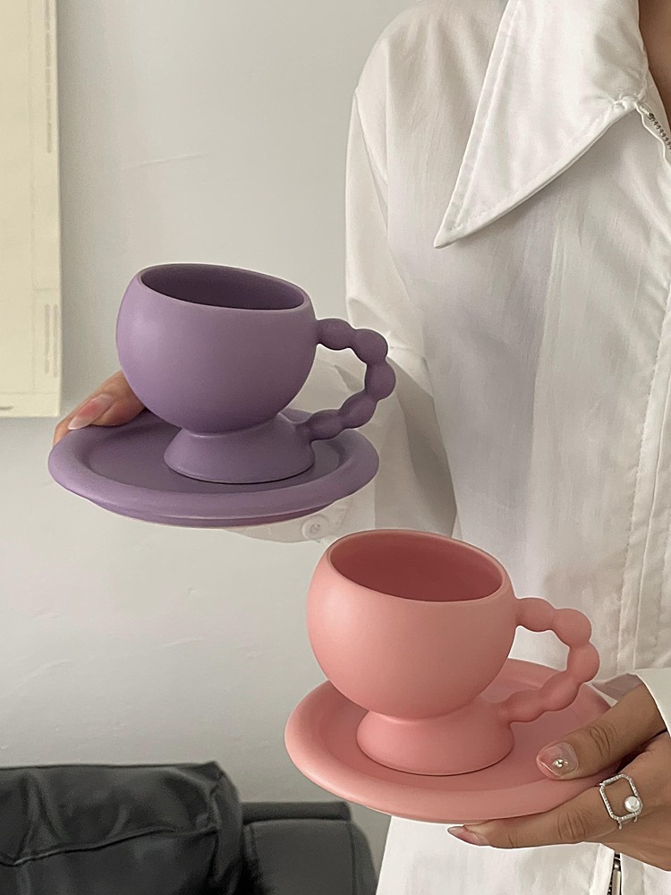 ins風麻花手柄陶瓷咖啡杯碟 法式純色下午茶拿鐵杯碟 早餐牛奶杯碟