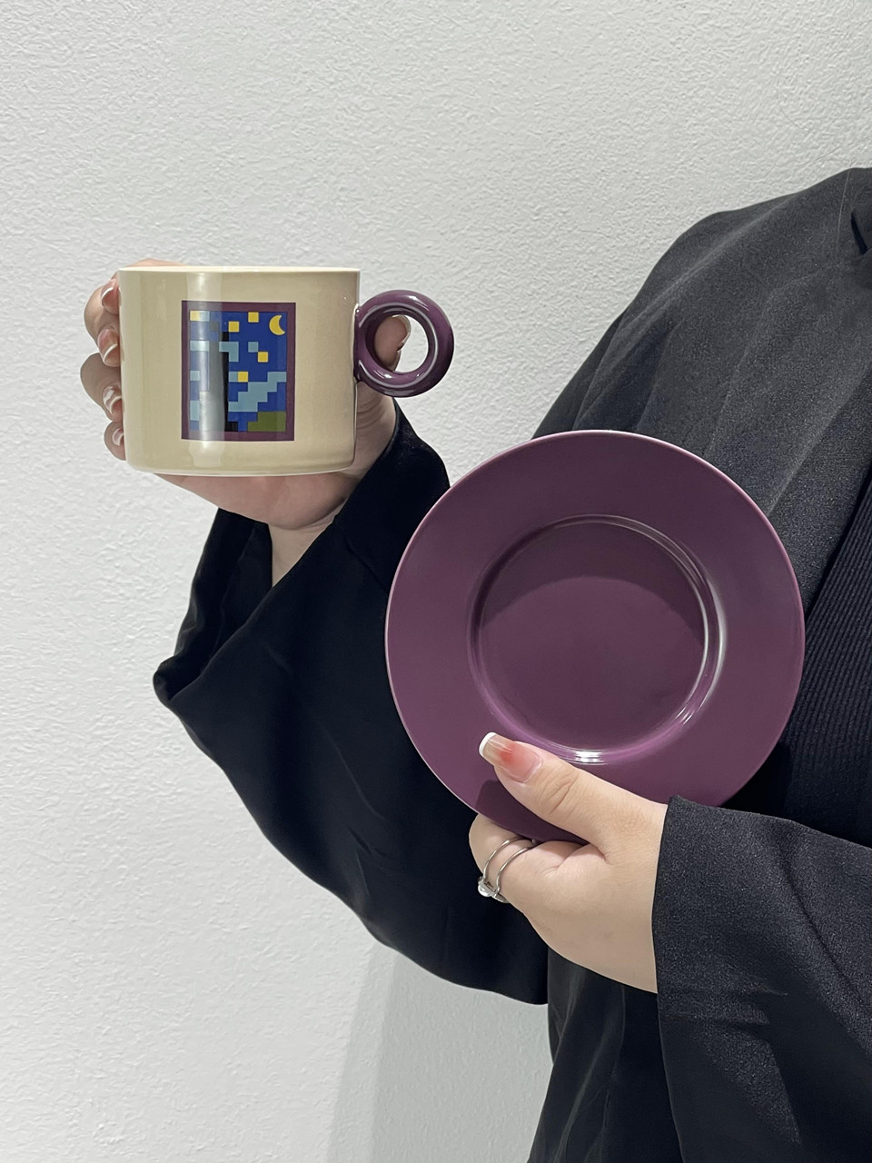 歐式風格像素畫陶瓷咖啡杯碟套裝 下午茶高顏值馬克杯
