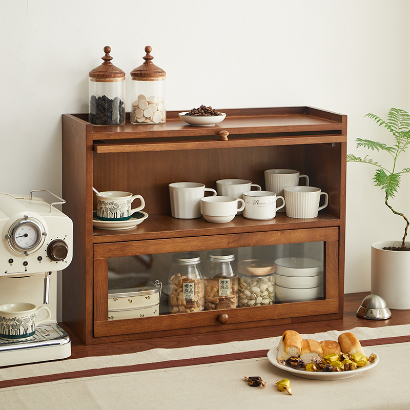 日式餐邊櫃中古展示櫃 橡膠木實木組合櫃 咖啡杯架桌上小書櫃子 (8.3折)