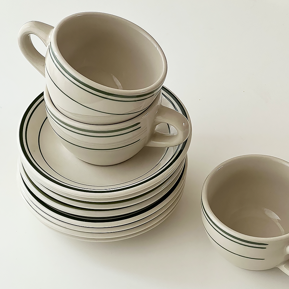 北歐風綠線條咖啡杯與碟子 組合下午茶器具