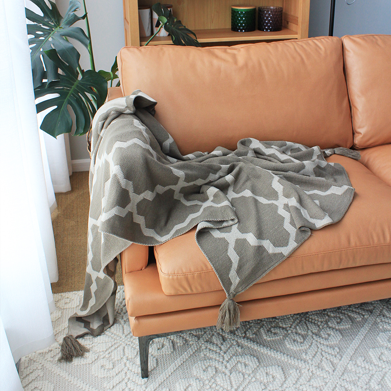 北歐簡約風幾何圖案針織雙層毛毯冬季空調毯沙發蓋毯淺咖色127152cm