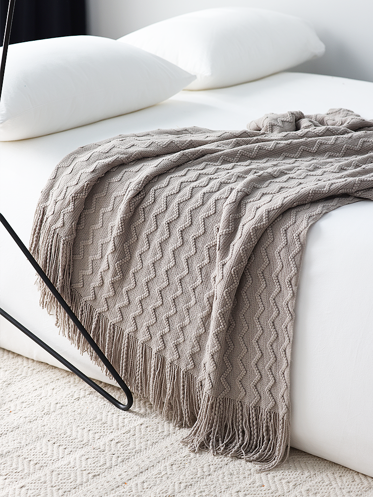 北歐簡約毛毯床尾巾雙波浪花紋針織毛線毯沙發蓋毯