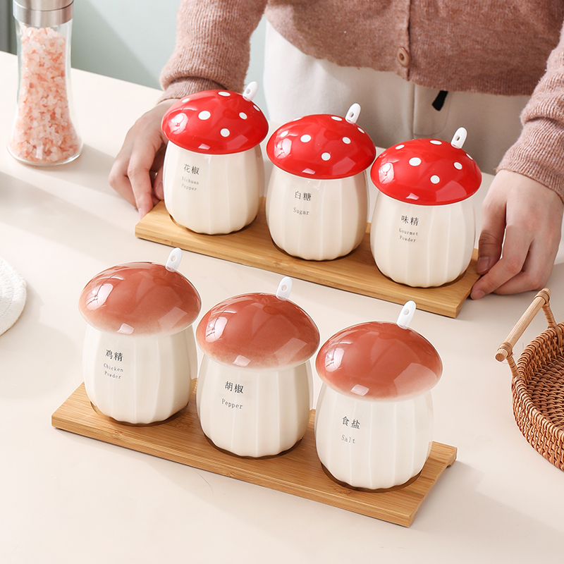日式田園風蘑菇調味罐陶瓷帶蓋調料瓶鹽味精罐廚房擺設