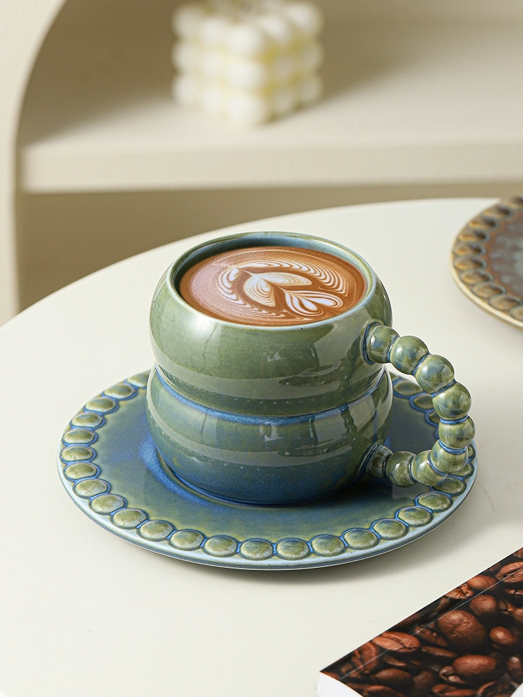 歐式復古陶瓷咖啡杯 霧藍星藍玉綠款送瓷勺