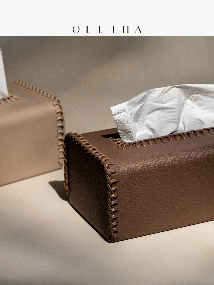 現代感皮革編織裝飾紙巾盒客廳餐桌木質收納抽紙盒擺件