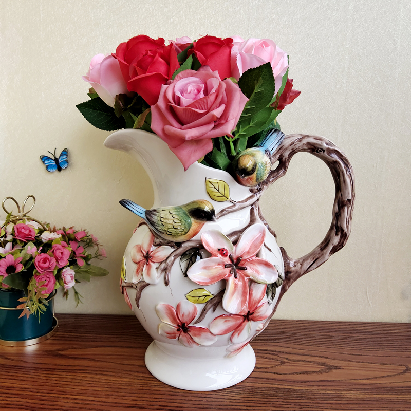 美式純手繪陶瓷小鳥大花瓶丹青風韻玉蘭花花瓶餐桌乾燥花插花器居家擺飾品