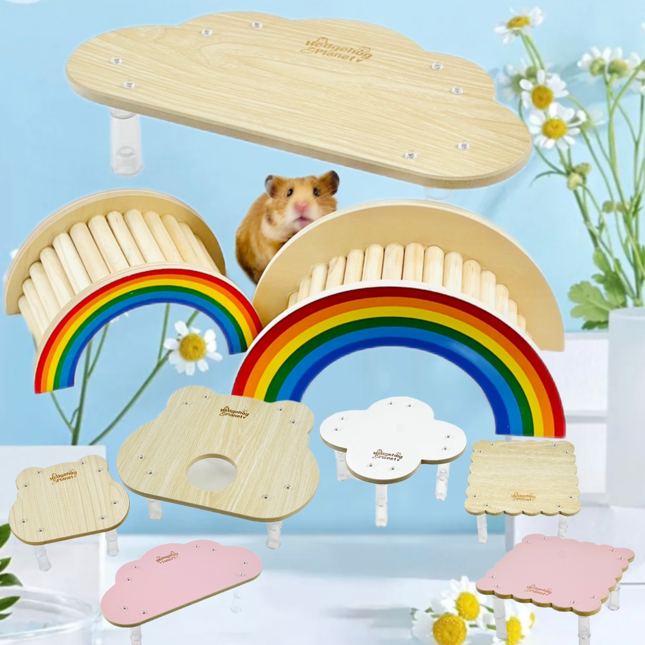 新款刺星球金絲熊倉鼠籠造景雲朵曲奇角落平台木閣樓玩具用品