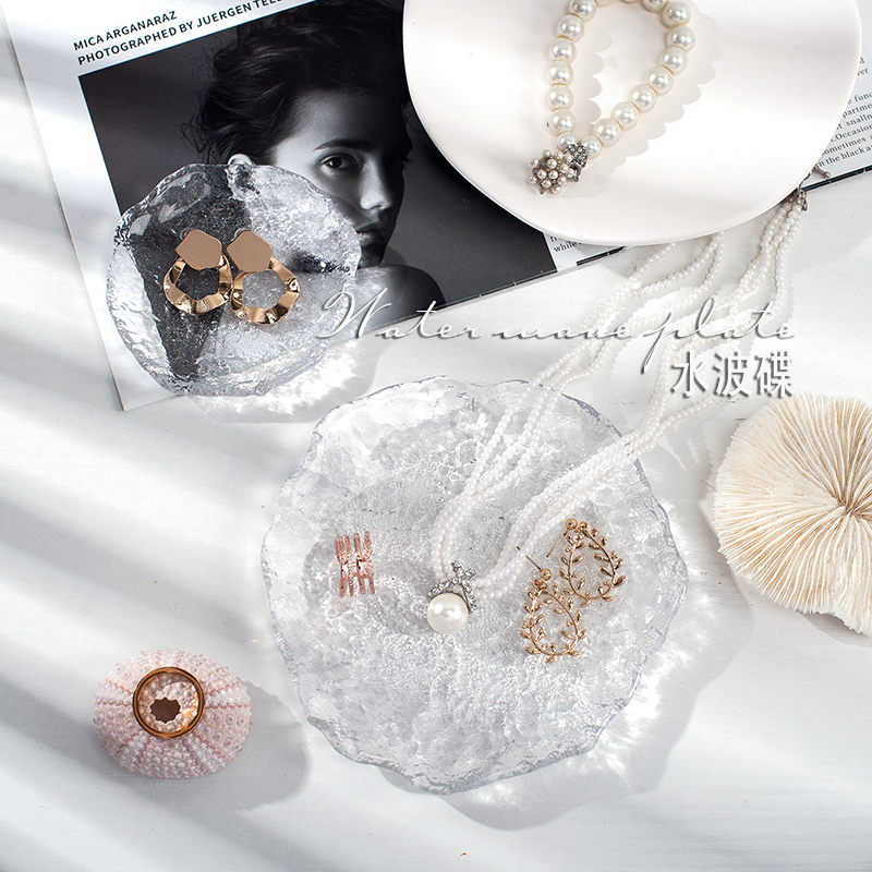 日韓風蕾絲透明不規則異形玻璃盤子水波紋裝飾收納盤